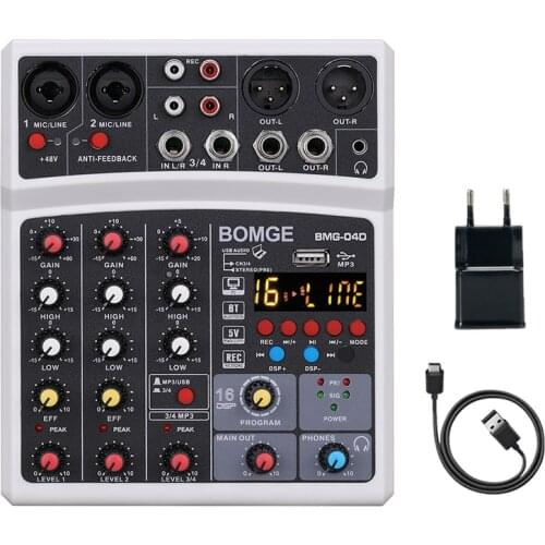 DJ Console USB Phantom Power Effects 4 Channels Audio Sound Mixer Bluetooth USB Record Sound Card with 16 DSP Effects