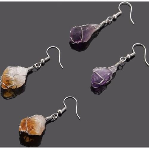Raw Mineral Quartz Stone Earrings Natural Citrines Amethysts Yellow Crystal Quartz Dangle Earrings Women Female Reiki Healing