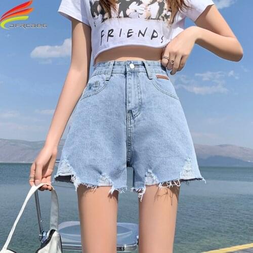 Summer 2021 Womens Denim Shorts With Pockets Hole Burrs New Casual Streetwear High Waist Jean Shorts Women Sky Blue Short