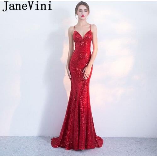 JaneVini Sexy Red Mother of the Bride Dresses Mermaid Spaghetti Straps Backless Sequined Evening Gowns Sweep Train Lange Jurk