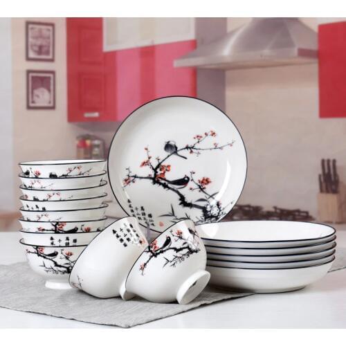 Wedding ceramic bone plate Bowl and Plate Set Household Chinese Ink-wash Ceramic Tableware Gift Bowl and Plate Combination