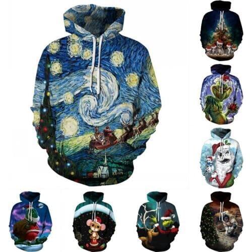 Women Men Cartoon Christmas Cosplay Hoodie Animal 3D Printed Van Gogh Oil Painting Hoodies Funny Sweater Sports Sweatshirt