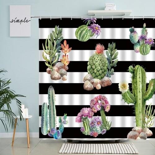 Cactus Shower Curtain Tropical Green Plant Flower Watercolor Art European Style Bathroom Wall Decor With Hook Waterproof Screen