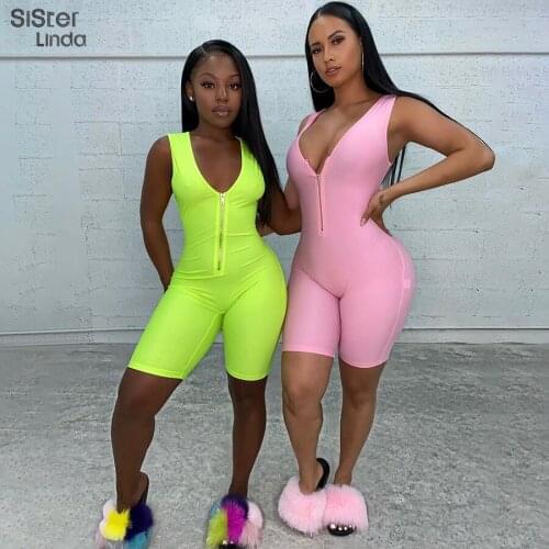 Sisterlinda Fashion Women Jumpsuits Zipper Rompers Elastic Hight Skinny V-neck Female Playsuit 2020 New Jumpsuit Sportsuit Mujer