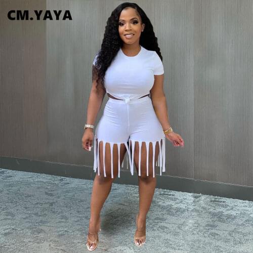 CM.YAYA Women Set Solid Short Sleeve Tops Stretchy Tassel Shorts Two 2 Piece Sets Active Tracksuit Sweatsuit Summer Outfits 2021