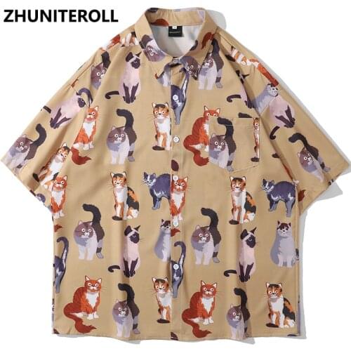 2021 Hawaiian Blouse Hip Hop Streetwear Cartoon Cat Print Short Sleeve Vintage Shirts Fashion Casual Harajuku Men Summer Tops