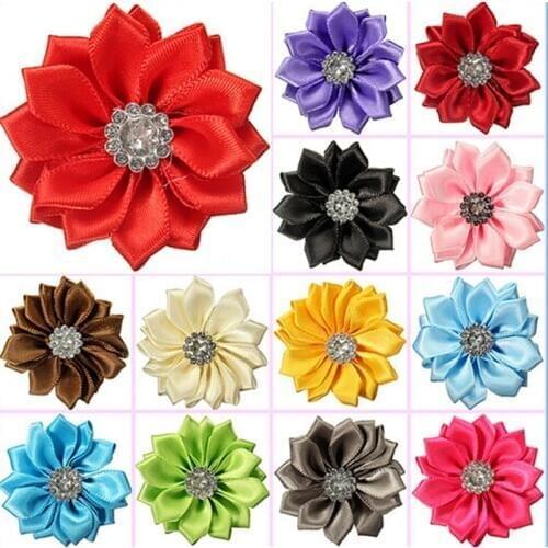 90Pcs Jewelry Accessories Satin Ribbon Flowers With Crystal Appliques DIY Craft Wedding Hair Flower Brooch Decoration