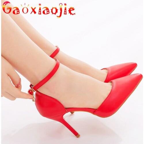 Fashion One Word Diamond Buckle Strap Summer Women Sandals Sexy Pointed End Sweet Party High Heels Wedding Bridal Stiletto Shoes