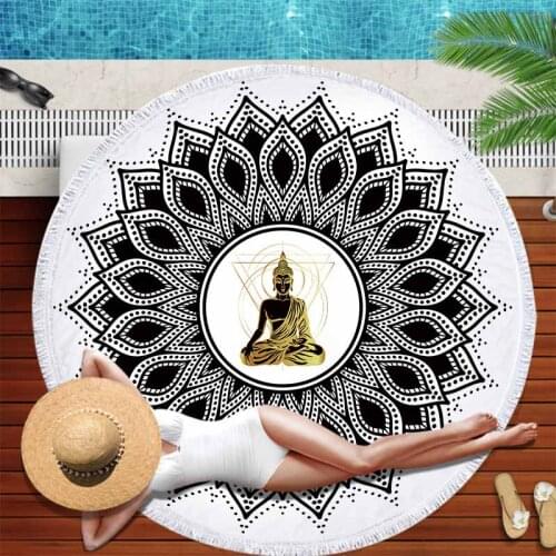Black And White Buddha Statue Round Beach Towel For Adults Microfiber Bath Towel Large Big Pool Towels Tapestry Beach Yoga Mat