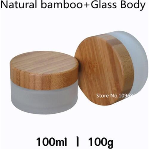 10pcs 100g Refillable Frosted Glass Cosmetics Bottles With Bamboo Lid Bamboo Special Empty Refillable Glass Cosmetic Cream Jar
