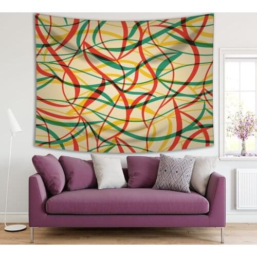 Tapestry Curvy Wavy Lines Abstract Artwork Vintage Colors on Beige Background Red Mustard Green