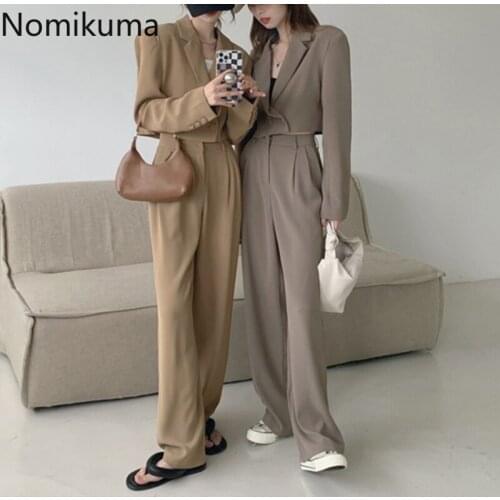Nomikuma Two Piece Set Women Suits Long Sleeve Short Blazers High Waist Pants Solid Color Korean Style Vintage Chic Outfits