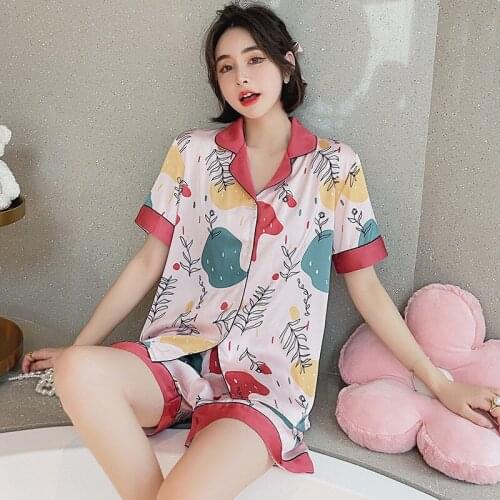 Pajamas Set Women Summer Ice Silk Short Sleeve Top Shorts 2PCS Sleep Suit Casual Home Clothes Cute Print Nightwear Sleepwear