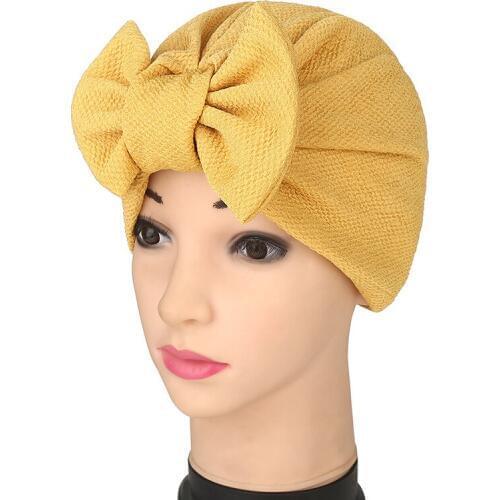 Fashion Women Solid Muslim Turban Indian Cap Bowknot Elastic Beanies Hat Bonnet Headwrap