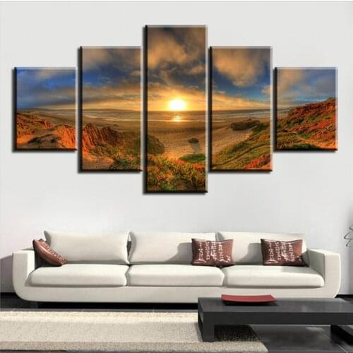 Wall Art Modular Poster Frame HD Printed 5 Panel Sunset Sea View Painting Modern Canvas Living Room Pictures Home Decoration