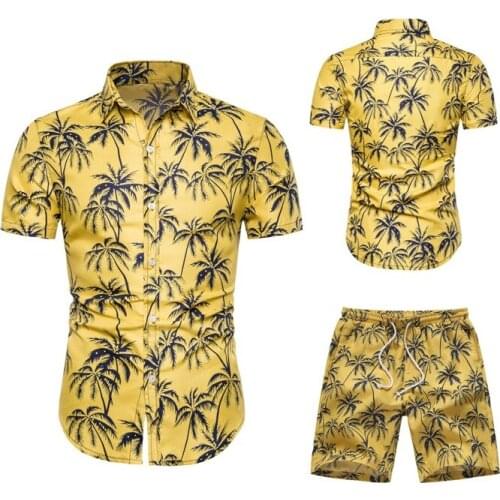 2020 Summer Hawaiian Palm Printed Beach Two Pieces Set Men Beach Short Sleeve Shirt and Short Set
