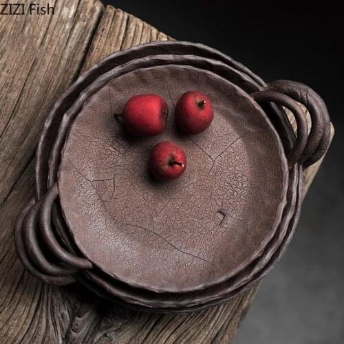Coarse Pottery Handmade Fruit Plate Candy Snack Tray with Handle Creative Home Living Room Decoration Tableware Snack Plate