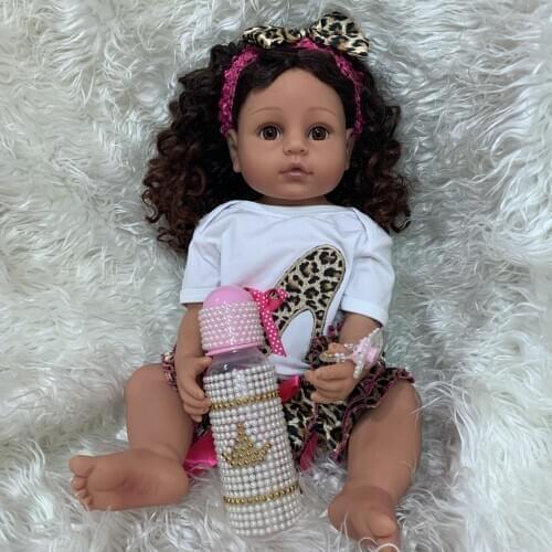 NPK 55CM full body silicone reborn toddler girl doll princess brown skin curly hair lifelike real touch flexible baby girl
