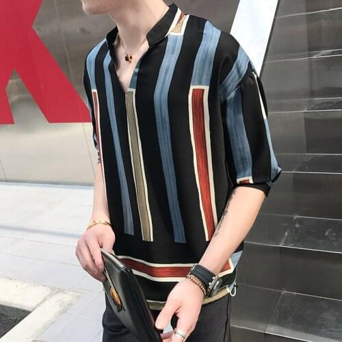Fashion Brand Streetwear Shirt Men Striped Print Shirt Male Short Sleeve Casual Printing Shirt Camisetas Hombre Hawaiian Shirt