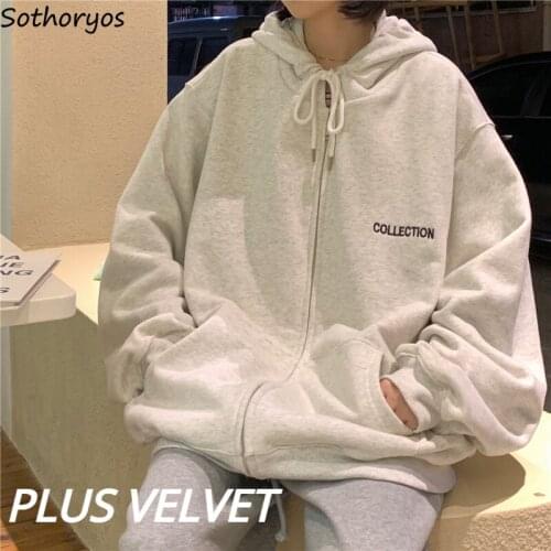 With Hat Hoodies Women Thicker Winter Warm Comfortable Loose Hip Hop Couple Harajuku Students Zip-up All-match Draw String New
