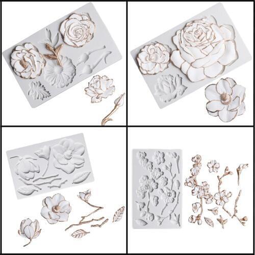 SHENHONG 6 Types Silicone Mold Flower Relief Cake Decorating Tool Fondant Mould Rose Cherry Blossom Sugarcraft Baking Tools