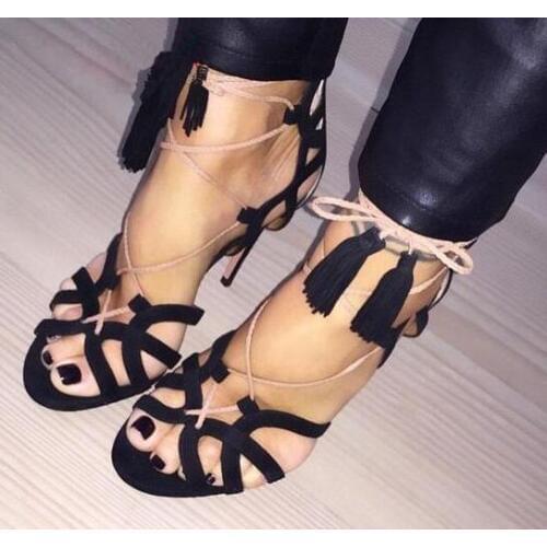 Blue Suede Leather Women Peep Toe Sandals Sexy Cutout Style Ladies Lace Up High Heels Ankle Fringe Bandage Fashion Party Shoes