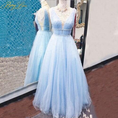 Light Blue Prom Dress Pearls Long Young Girl Gown Tulle A line Party Dress Sexy V Neck Formal Dress Evening Gown Vestido