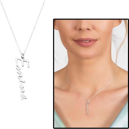 Tesbihane Vertical Design Personalized Name Written 925 Sterling Silver Lady Necklace
