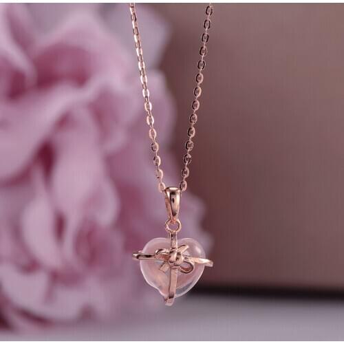 Fine Jewelry 100% Silver 925 Pendent Necklace For Women Natural Gemstone Rose Quartz Love Heart Shape Clavicular Chain CCNI016