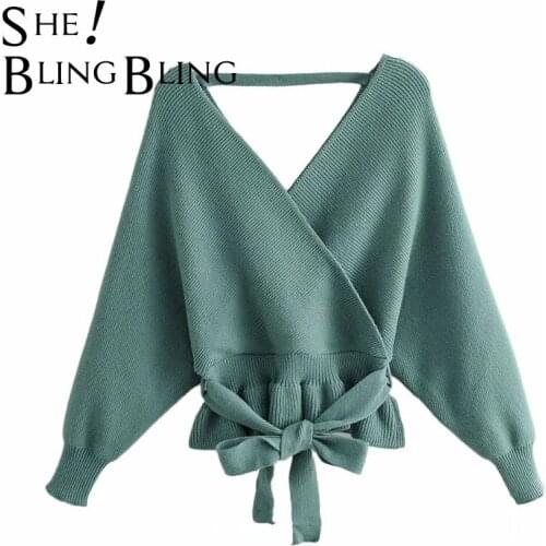 SheBlingBling Za Woman 2021 Tunic Traf Pull Femme Autumn Batwing Sleeve Wrap V Ruffles Hem Knit Jumper Belted Sweater Crop Tops