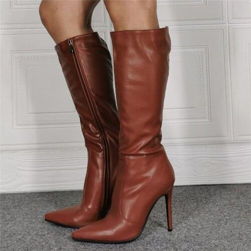 Big Size 47 Pointy Toe Side Zipper Fashion Boots High Heel Shoes Stiletto Calf Boots Womens Winter Booty 2021