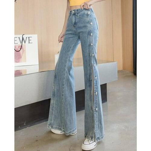 Women Vintage Pocket Long Plus Size Denim Pants 2021 Sexy Heavy Industry Wide Leg Summer Thin Side Open Button Jeans Streetwear