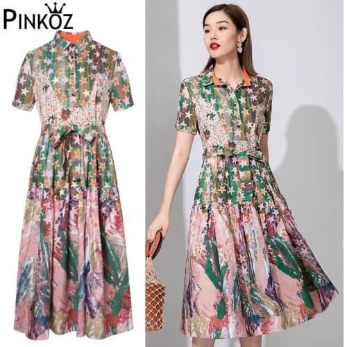 Pinkoz summer floral printed single breasted midi dress designer style casual daily clothing women fashion boho sashes ropa traf