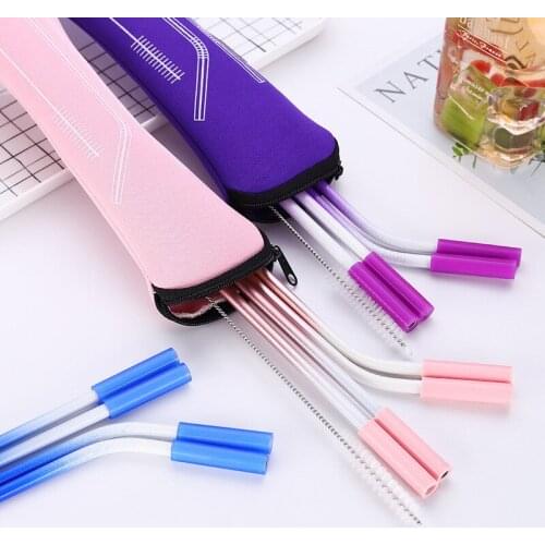 100Set/Lot Stainless Steel Gradient Color Straw With Anti-Scratch Silicone Head Metal Reusable Eco-Friendly Drinking Straw