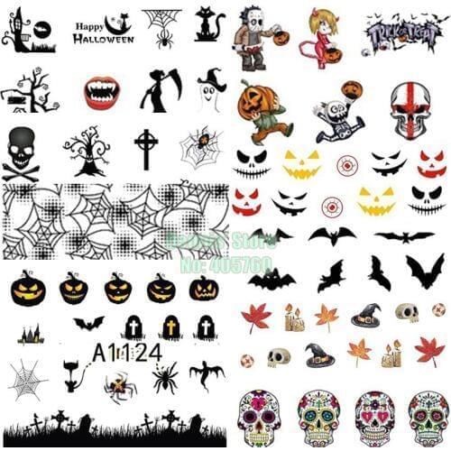 12 Sheets Halloween Skull Spider Black Cat Witch Nail Art Decals Water Transfer Stickers Decorations A1117-1128# DIY Tips