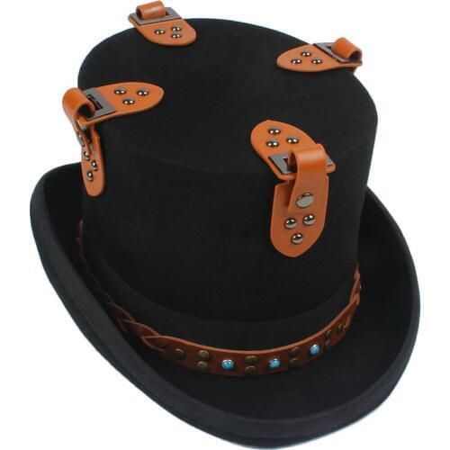 13.5CM Black Steampunk Top Hat For Women Men Wool Steam Punk Hat Millinery Fedora Goggles Party Cosplay Cap S M L XL