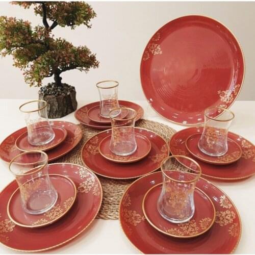 19 part Gold Burgundy Dish 6 Personality Tea Cake Kit Authentic Nostalgic Original Vernacular