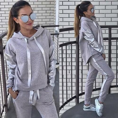 2Pcs/set Women Sportswear Suit Casual Trousers Solid Color Hooded Sweatshirt and Pant Tracksuit Sport Suit Pullover Sweatshirt
