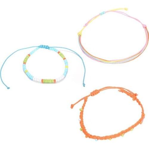 3 Pcs/Set Women Fashion Bracelets Bohemian Vintage Colorful Braided Rope Geometric Beaded Bracelet Set Beach Jewelry Accessories
