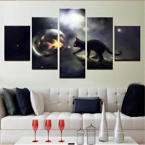5 Piece Canvas Wall Art Anime Prints Bubble Fish & Black Cat Animal Decor Posters Pictures Home Living Room Decoration Paintings
