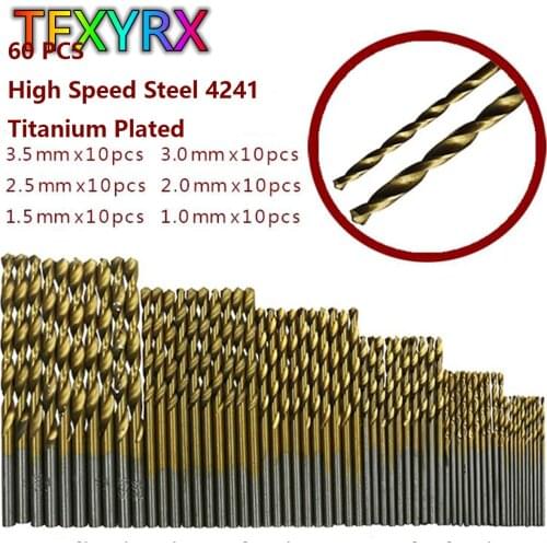 60pcs 1/1.5/2/2.5/3/3.5mm Twist Drill Bit Set Titanium Coated HSS High Speed Steel Drill Bit Set Titanium For Wood Plastic