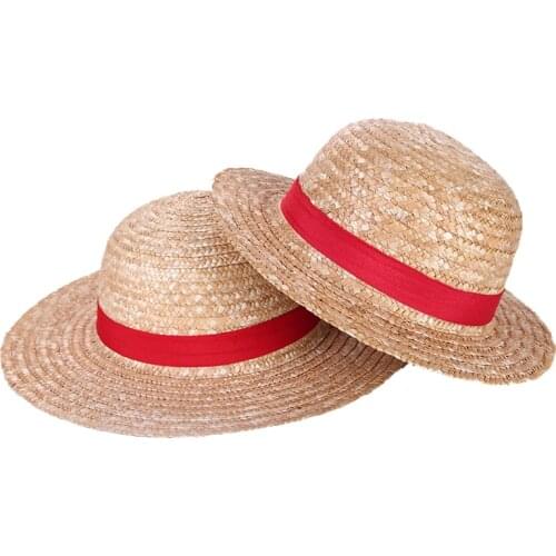 Boy Girl One Piece Cap Straw Hat Neck String Luffy Flat Hats Cosplay Japanese Cartoon Props Hat Kid Red Stripe Beach Hat