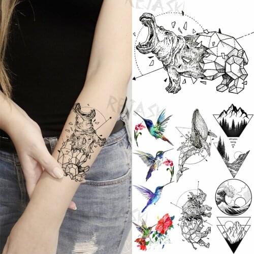 Black Small Geometric Hippo Arm Temporary Tattoos For Women Adult Hummingbird Mountain Sea Fake Tattoo Body Art Washable Tatoos