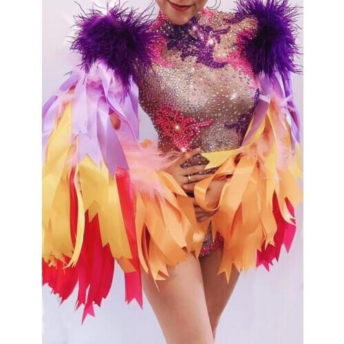 Birthday Celebrate Prom Outfit Multi-color Rhinestones Ribbon Fringes Bodysuit Bar Women Singer Dancer stage dance Costume