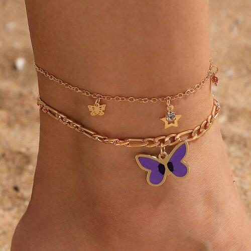 HI MAN 2Pcs/Set Korean Mixed Star Zircon Butterfly Anklet Women Fashion Charm Birthday Party Jewelry Accessories