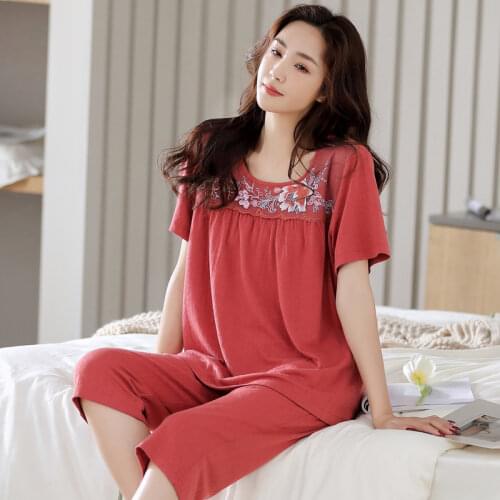 Short Pajamas For Women Summer Homewear Women 100% Cotton Modal Plus Size Pyjama Floral Top + Pants Sleepwear Female Home Wear