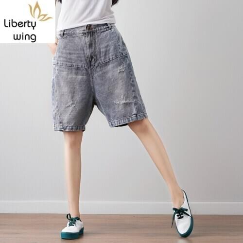 2020 Summer Casual Shorts Jeans for Women Vintage Ripped Grey Knee Length Denim Pants Loose Fitness Persinalized Short Feminino