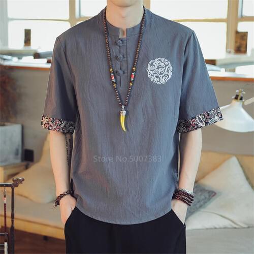 Linen Men Print Chinese Tops Retro Summer Short Sleeve Tang Suit Casual Kung Fu Tunic China Style Traditional Hanfu Shirts