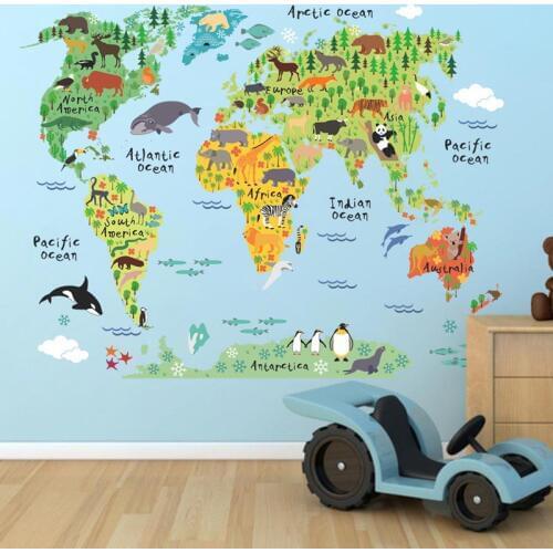 Cartoon Animals World Map Wall Stickers for Living Room Kids Children Baby Room Decorative Wall Stickers Wall Decals Home Decor