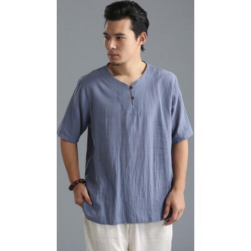 Plus Size M-6XL Mens Pure Color Tops 2020 Summer Cotton Linen Mens V-neck t-Shirt Flax Slim Casual Wood Button Short Sleeve